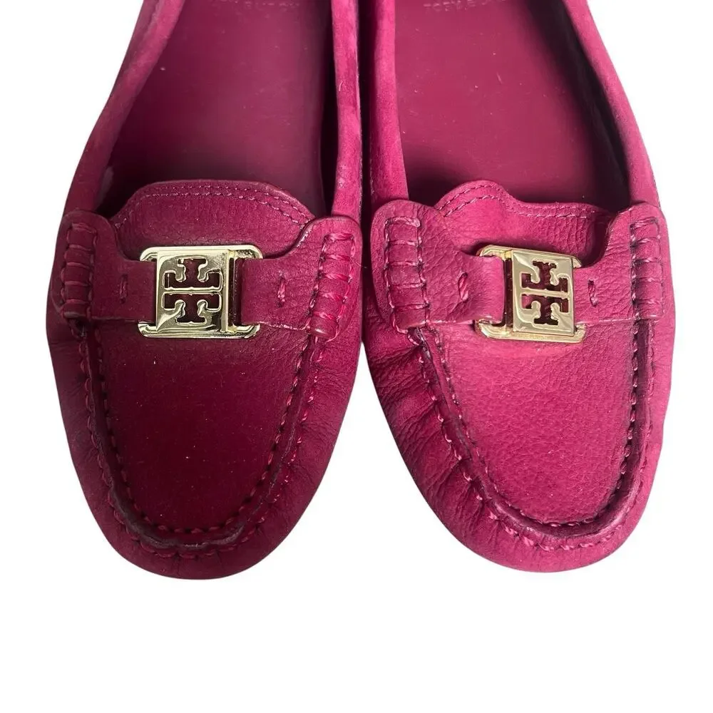 Tory Burch Cranberry Red Kendrick Driver Loafers Size 7 .5 Flats Leather